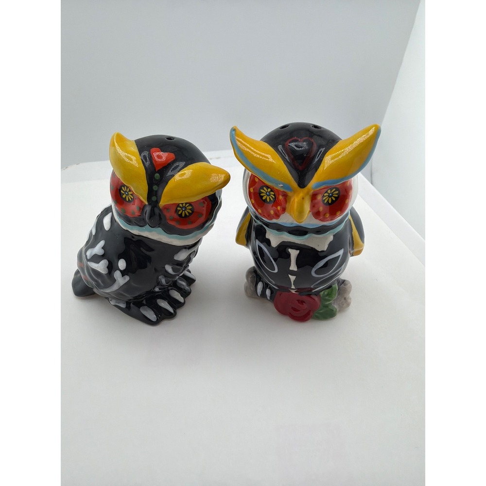 Day of the Dead Owl Salt Pepper Shakers Ceramic Sugar Skull Set